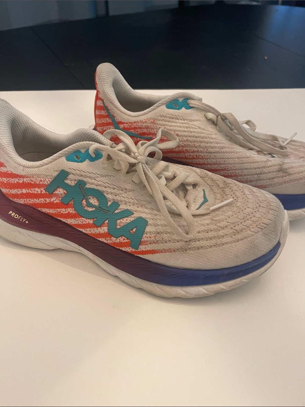 Hoka Mach 5 Running Sneakers with Teal & Orange Accents. 7d wide
